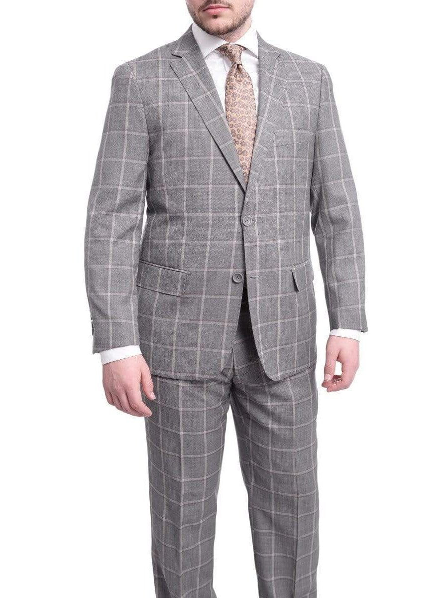Label M TWO PIECE SUITS 42R Mens Classic Fit Gray Step With Gray &amp; Taupe Windowpane Two Button Wool Suit