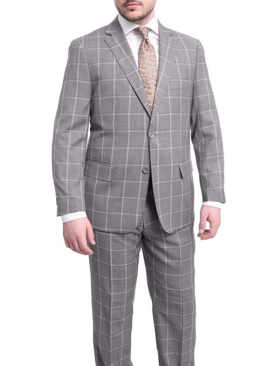 Label M TWO PIECE SUITS 42R Mens Classic Fit Gray Step With Gray & Taupe Windowpane Two Button Wool Suit