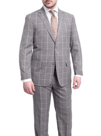 Thumbnail for Label M TWO PIECE SUITS 42R Mens Classic Fit Gray Step With Gray & Taupe Windowpane Two Button Wool Suit