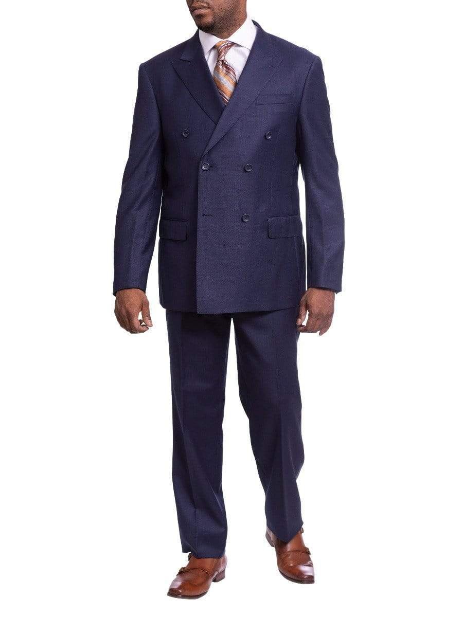 Label M TWO PIECE SUITS 42R Mens Classic Fit Solid Navy Blue Double Breasted Wool Suit Peak Lapels