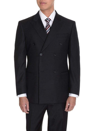 Label M TWO PIECE SUITS 48R Mens Classic Fit Solid Black Double Breasted Wool Suit With Peak Lapels