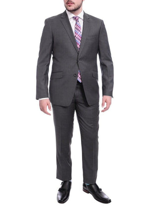 Label M TWO PIECE SUITS Medium Gray / 40R Mens Extra Slim Fit Heather Medium Gray Two Button Wool Suit