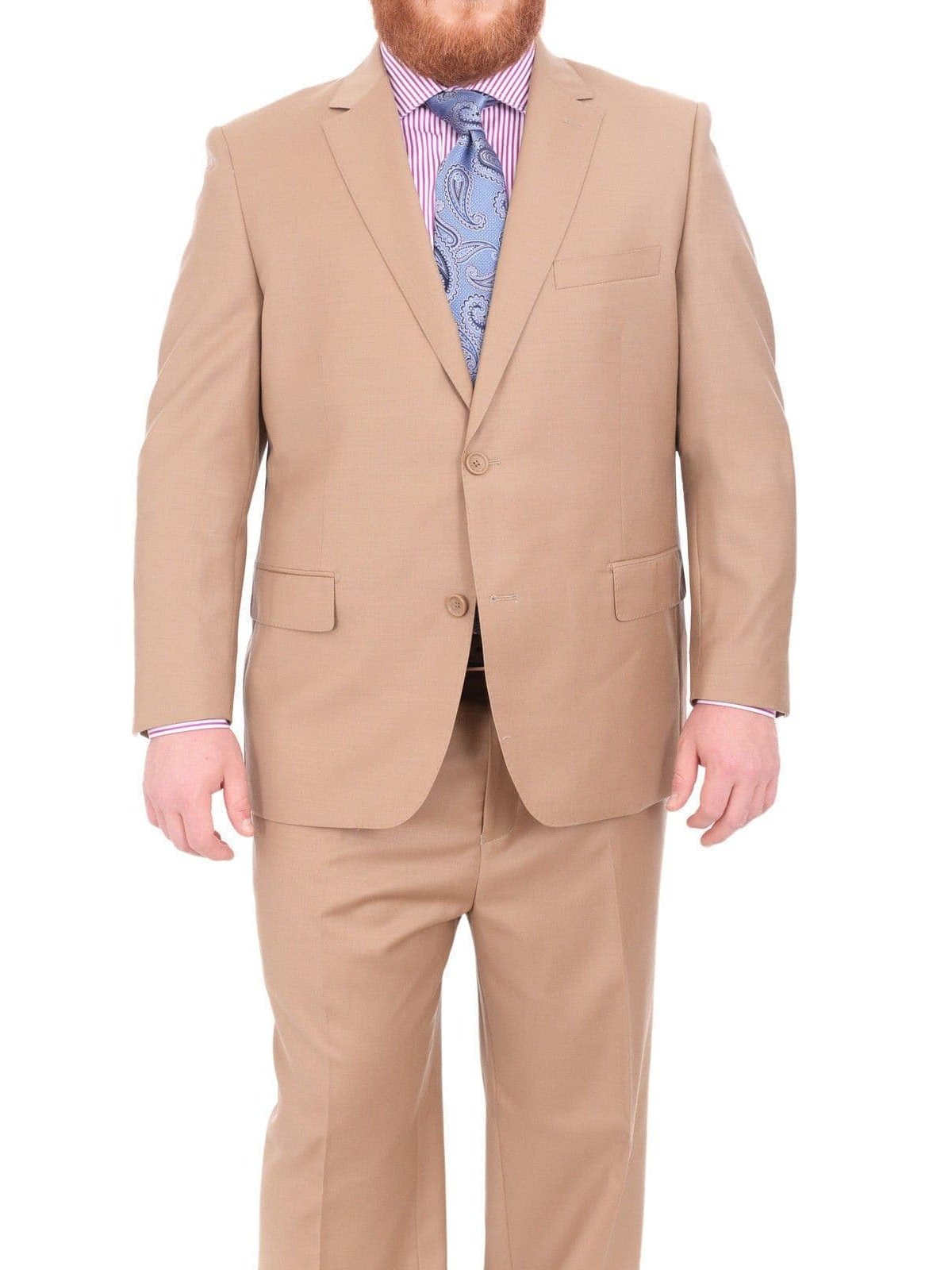 Label M TWO PIECE SUITS Men's Portly Executive Fit Solid Tan Light Brown Two Button 2 Piece Wool Suit