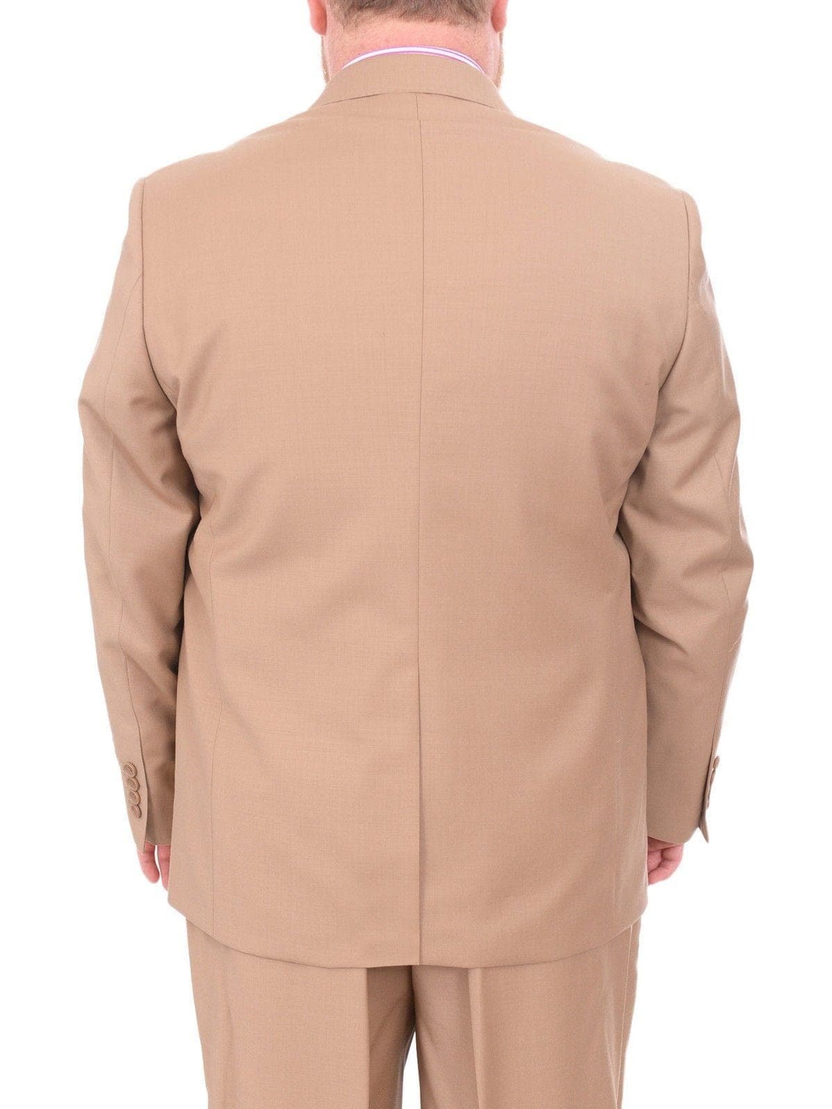 Label M TWO PIECE SUITS Men's Portly Executive Fit Solid Tan Light Brown Two Button 2 Piece Wool Suit