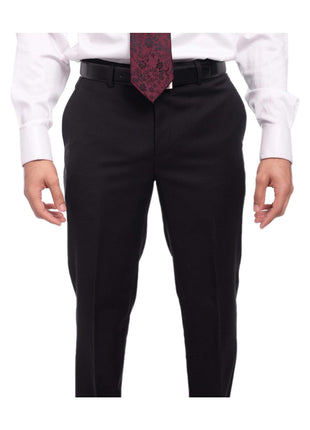Label M TWO PIECE SUITS Men's Regular Fit Solid Black Two Button 2 Piece Wool Flat Front Suit
