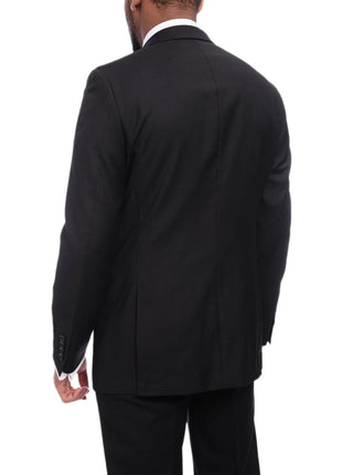 Label M TWO PIECE SUITS Men's Regular Fit Solid Black Two Button 2 Piece Wool Flat Front Suit