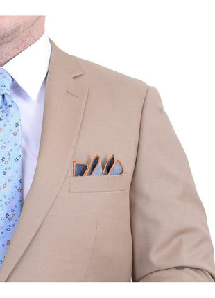 Label M TWO PIECE SUITS Men's Regular Fit Tan Light Brown Two Button 2 Piece 100% Wool Suit