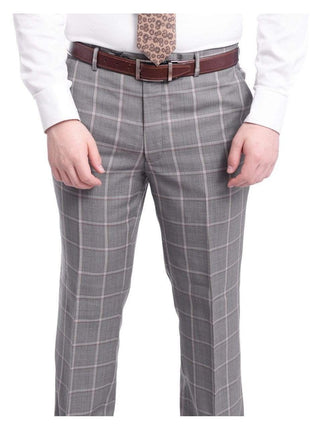 Label M TWO PIECE SUITS Mens Classic Fit Gray Step With Gray & Taupe Windowpane Two Button Wool Suit