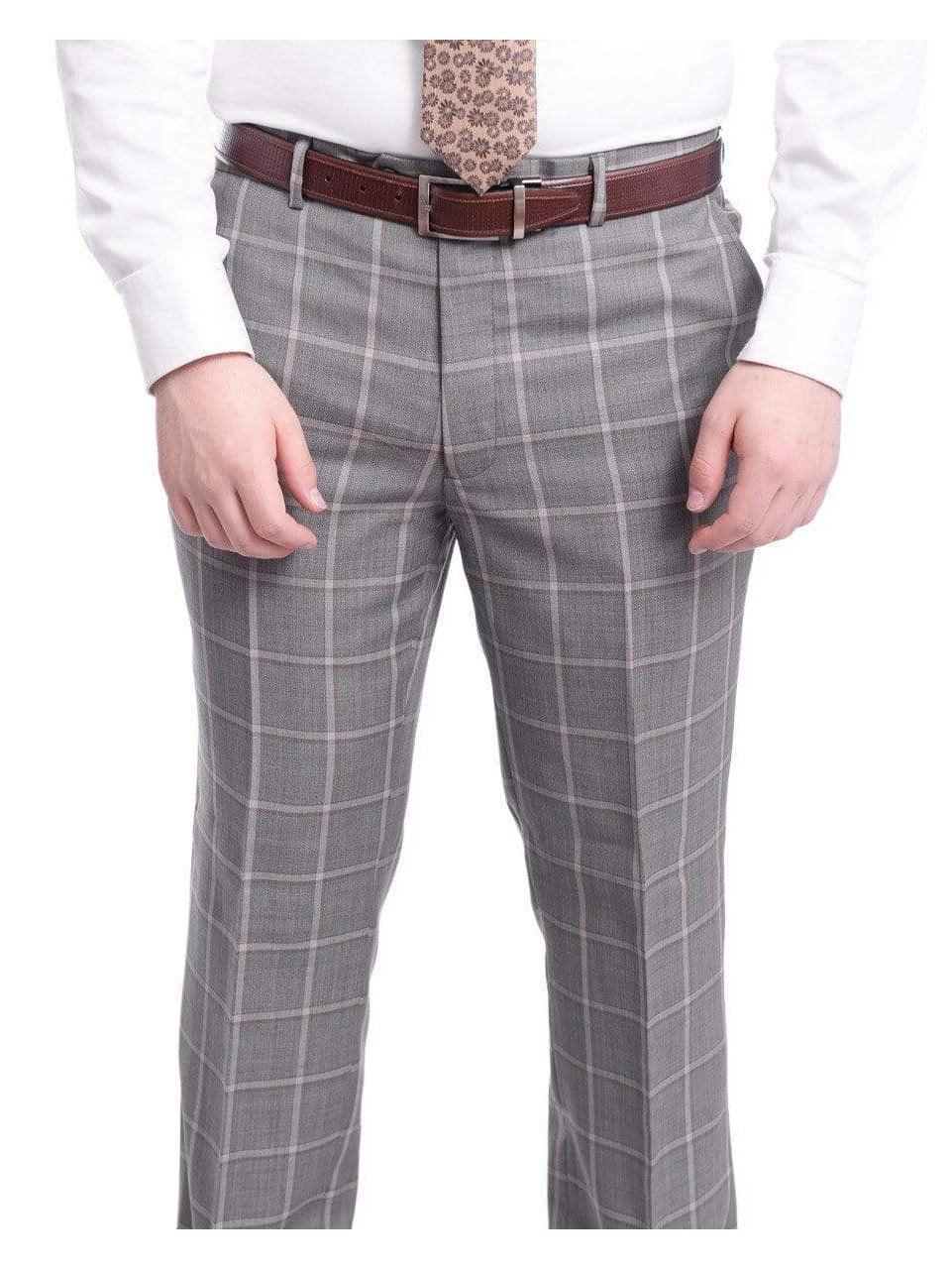 Label M TWO PIECE SUITS Mens Classic Fit Gray Step With Gray &amp; Taupe Windowpane Two Button Wool Suit