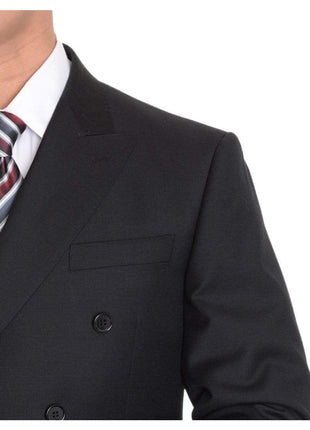 Label M TWO PIECE SUITS Mens Classic Fit Solid Black Double Breasted Wool Suit With Peak Lapels