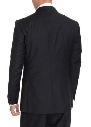 Label M TWO PIECE SUITS Mens Classic Fit Solid Black Double Breasted Wool Suit With Peak Lapels