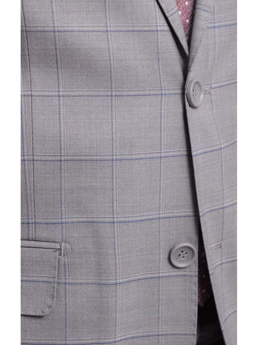 Label M TWO PIECE SUITS Mens Slim Fit Light Gray With Blue &amp; White Windowpane Two Button Wool Suit