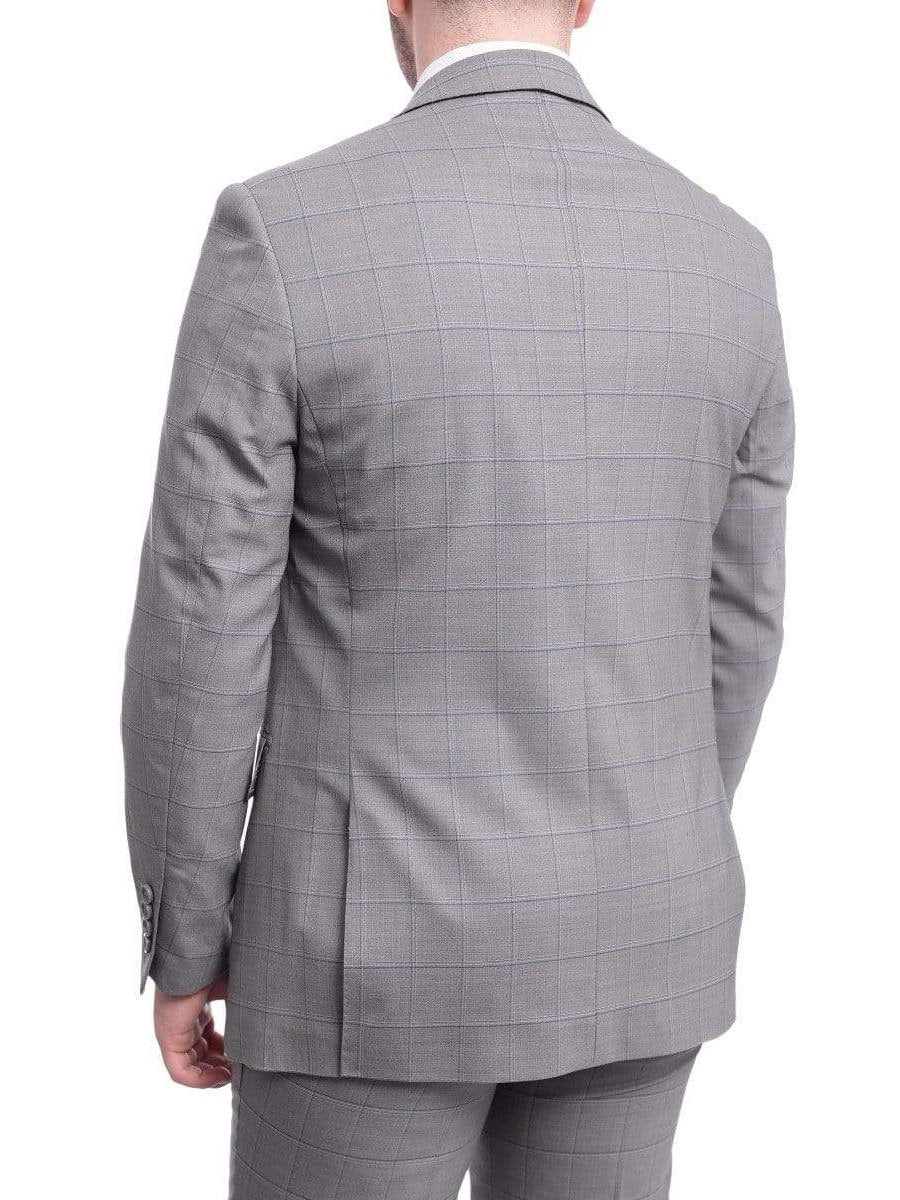 Label M TWO PIECE SUITS Mens Slim Fit Light Gray With Blue & White Windowpane Two Button Wool Suit