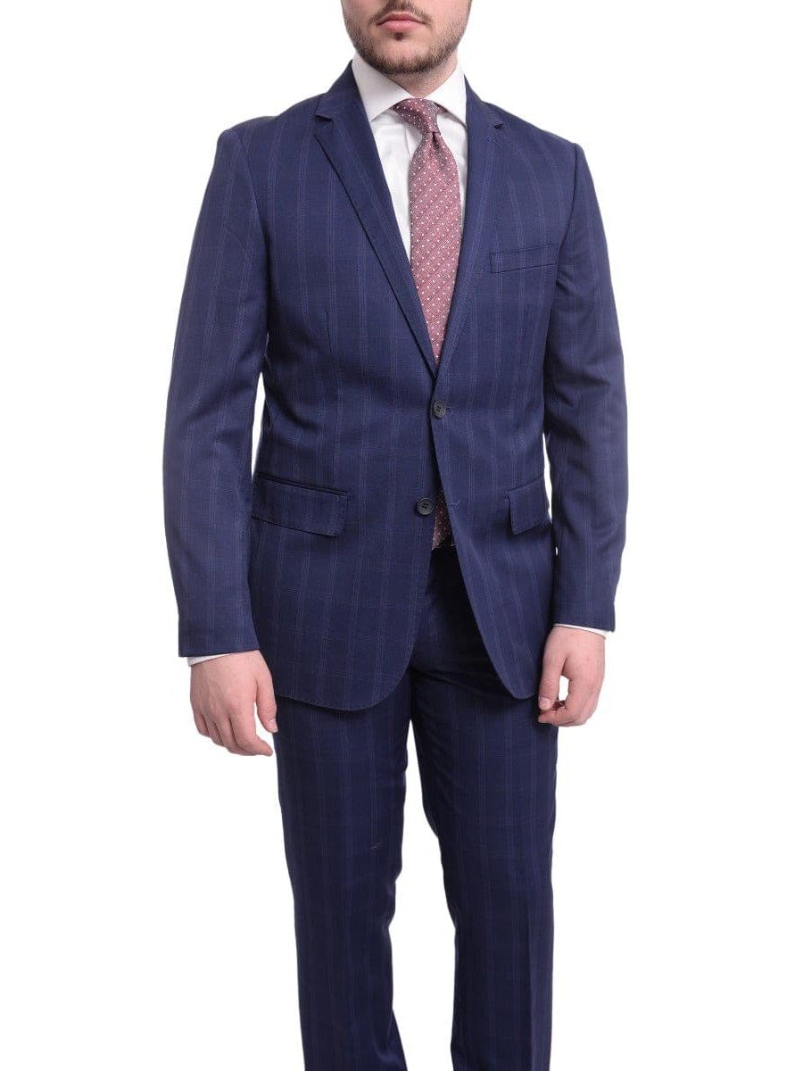 Label M TWO PIECE SUITS Mens Slim Fit Navy Blue With Blue &amp; Maroon Windowpane Two Button Wool Suit