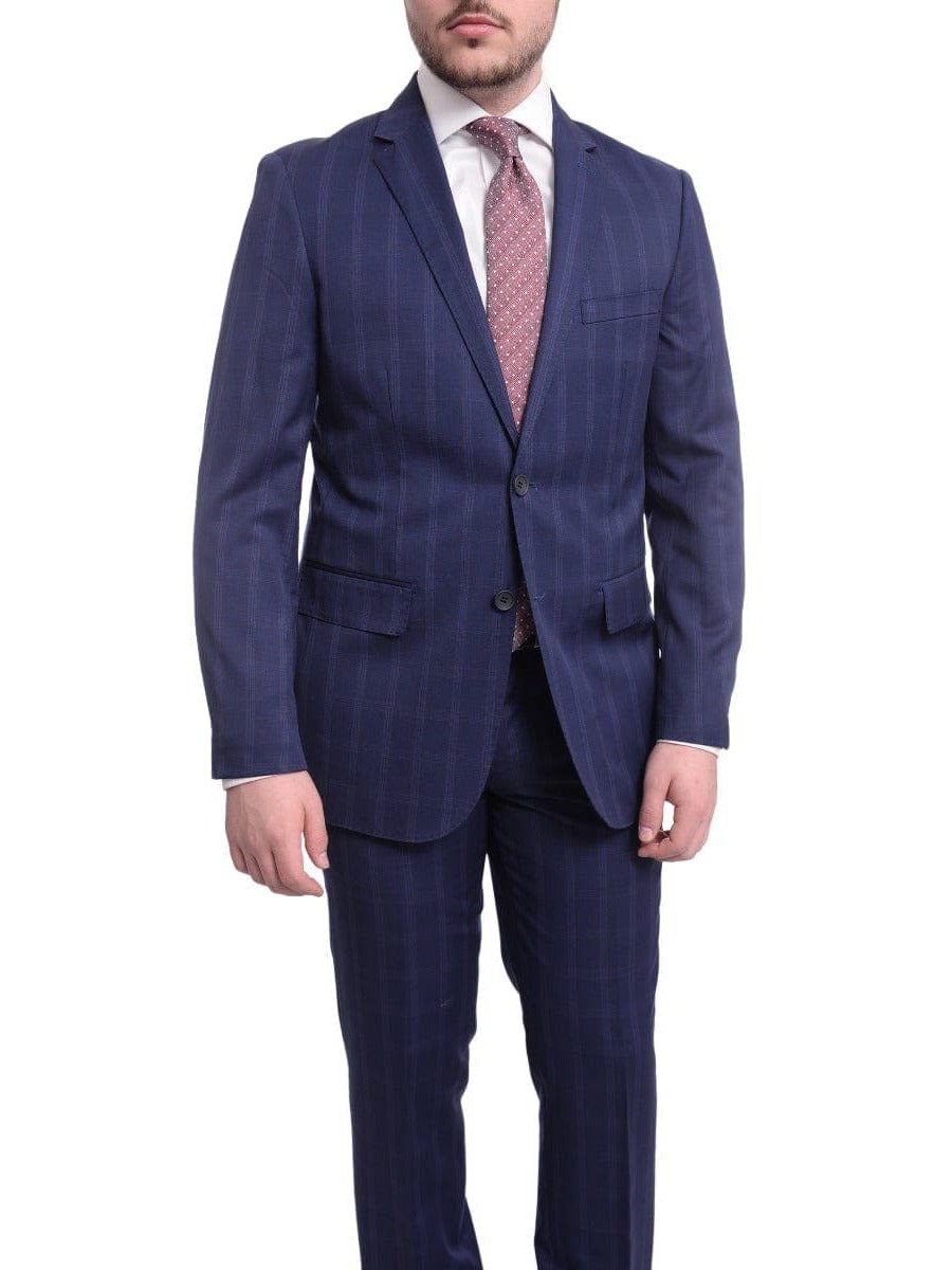 Label M TWO PIECE SUITS Mens Slim Fit Navy Blue With Blue & Maroon Windowpane Two Button Wool Suit