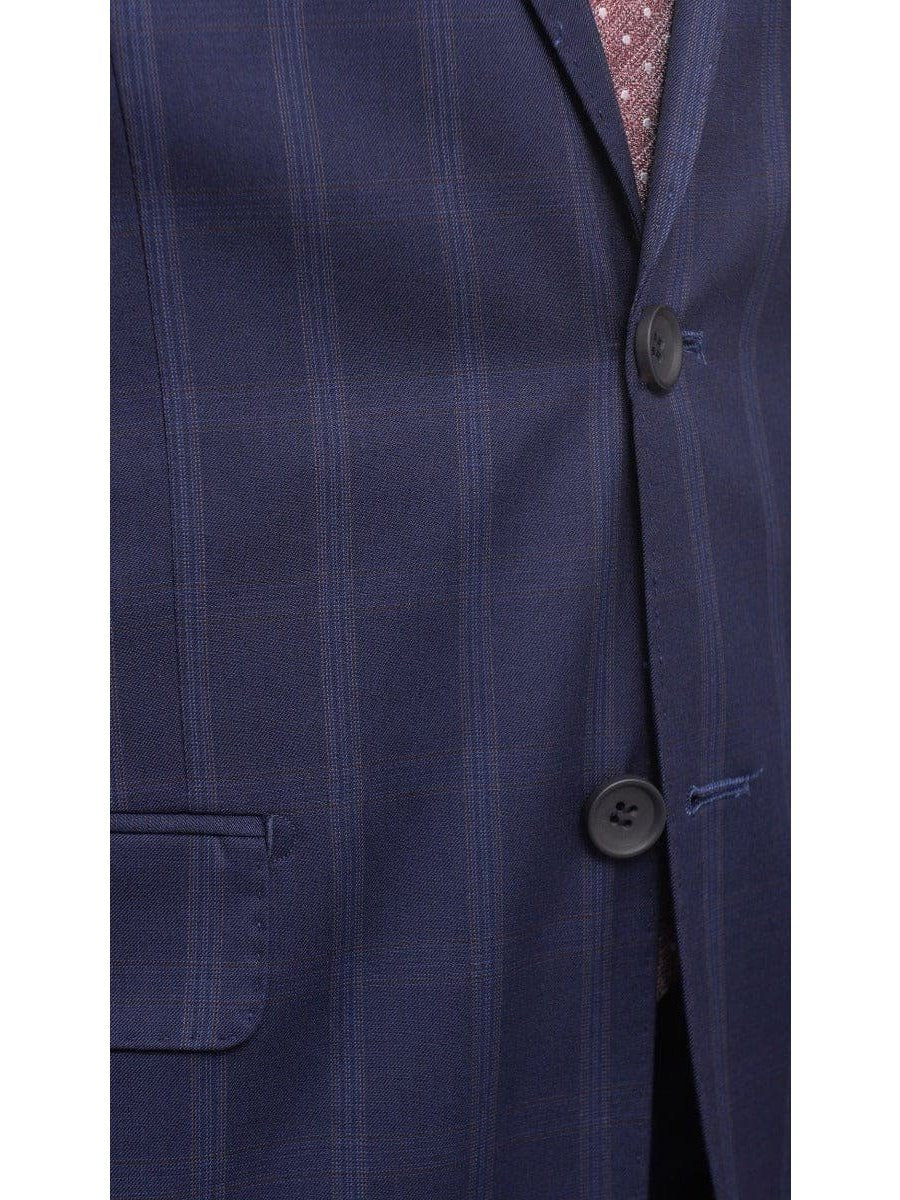 Label M TWO PIECE SUITS Mens Slim Fit Navy Blue With Blue & Maroon Windowpane Two Button Wool Suit