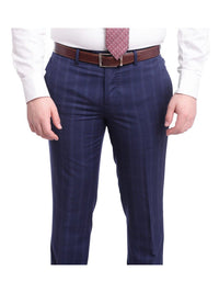 Thumbnail for Label M TWO PIECE SUITS Mens Slim Fit Navy Blue With Blue & Maroon Windowpane Two Button Wool Suit