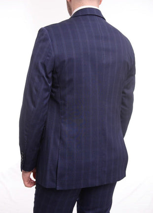 Label M TWO PIECE SUITS Mens Slim Fit Navy Blue With Blue & Maroon Windowpane Two Button Wool Suit