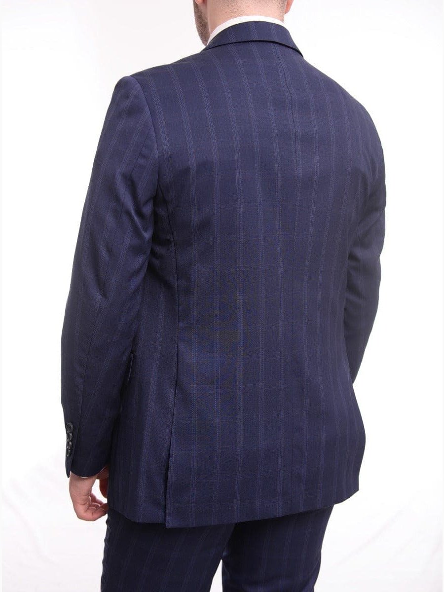 Label M TWO PIECE SUITS Mens Slim Fit Navy Blue With Blue &amp; Maroon Windowpane Two Button Wool Suit