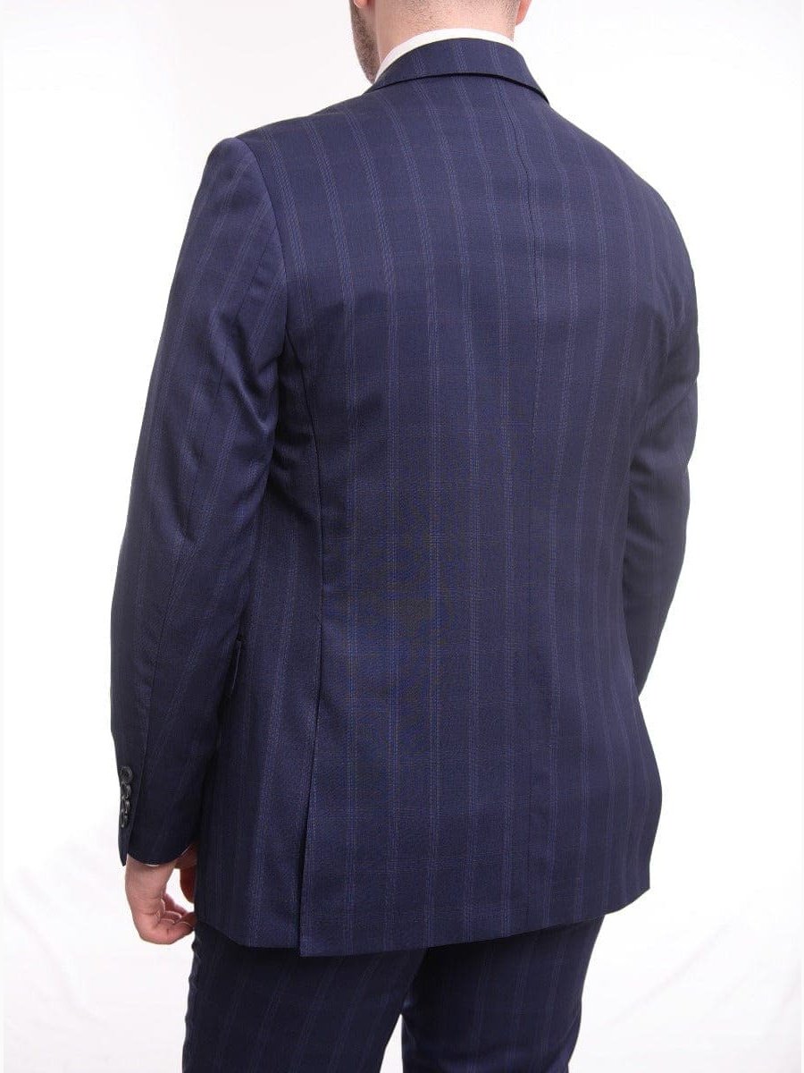 Label M TWO PIECE SUITS Mens Slim Fit Navy Blue With Blue & Maroon Windowpane Two Button Wool Suit