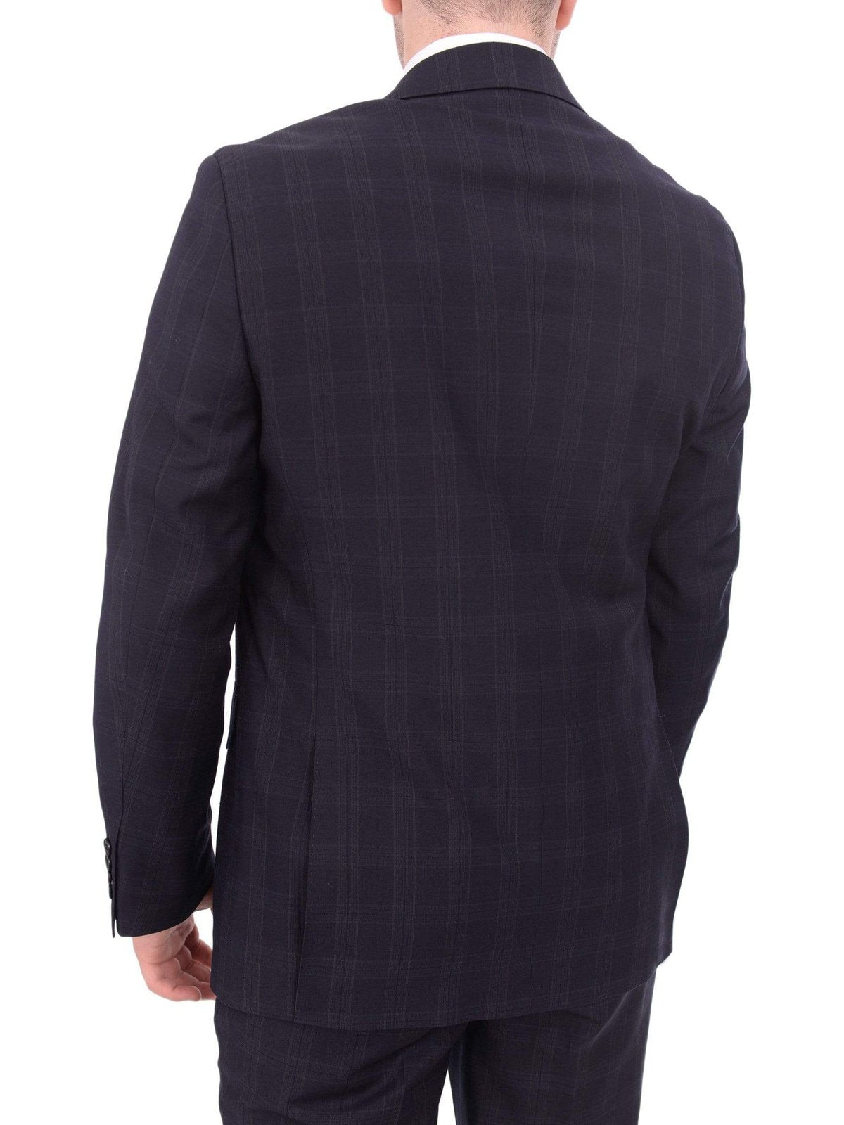 London Fog 40L 34W Mens Slim Fit Navy Blue Plaid Two Button Wool Blend Designer Suit