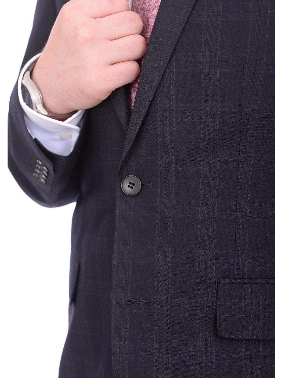 London Fog 40L 34W Mens Slim Fit Navy Blue Plaid Two Button Wool Blend Designer Suit