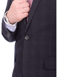 Thumbnail for London Fog 40L 34W Mens Slim Fit Navy Blue Plaid Two Button Wool Blend Designer Suit