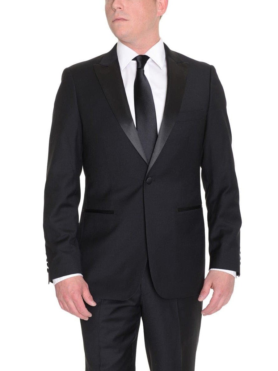 London Fog TUXEDOS Modern Fit Solid Black One Button Tuxedo Suit With Peak Lapels