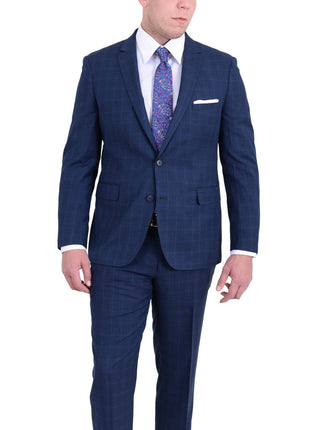 London Fog TWO PIECE SUITS 36S Mens Extra Slim Fit Blue Windowpane Two Button Wool Blend Suit