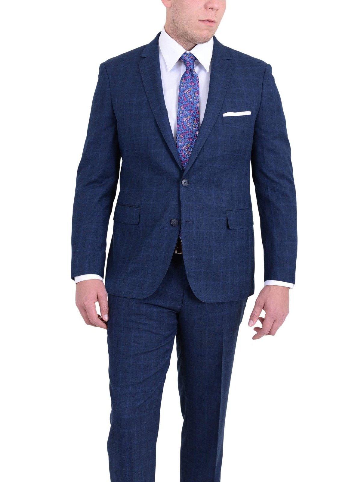 London Fog TWO PIECE SUITS 36S Mens Extra Slim Fit Blue Windowpane Two Button Wool Blend Suit