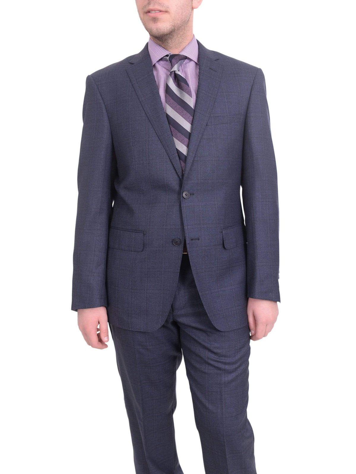 London Fog TWO PIECE SUITS 38S Mens Slim Fit Blue With Purple Windowpane Two Button Wool Suit