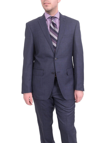 Mens Slim Fit Blue With Purple Windowpane Two Button Wool Suit