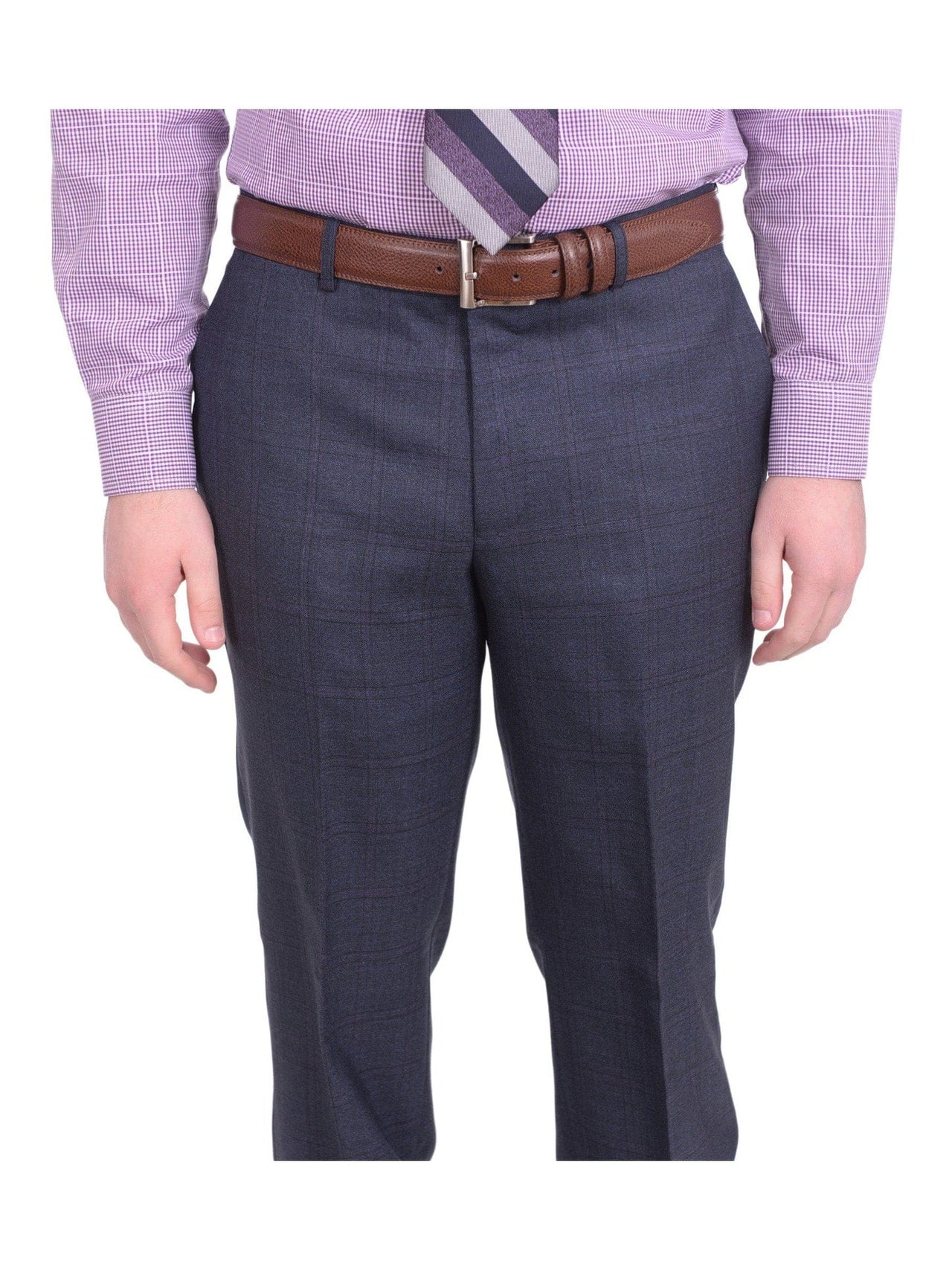 London Fog TWO PIECE SUITS Extra Slim Fit Blue With Purple Windowpane Two Button Wool Suit