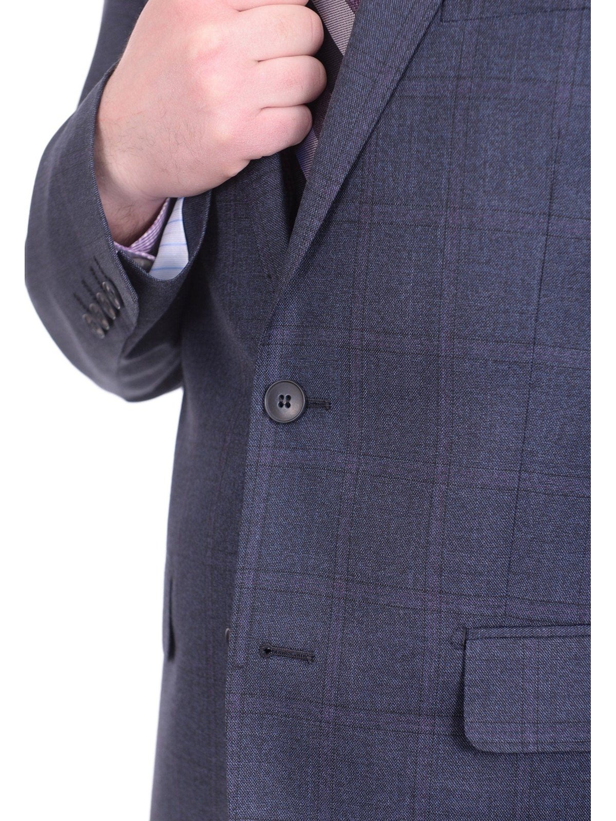 London Fog TWO PIECE SUITS Extra Slim Fit Blue With Purple Windowpane Two Button Wool Suit