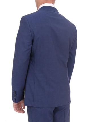 London Fog TWO PIECE SUITS Extra Slim Fit Mens Blue Textured Two Button Wool Suit With Pick Stitching