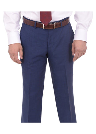 London Fog TWO PIECE SUITS Extra Slim Fit Mens Blue Textured Two Button Wool Suit With Pick Stitching