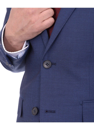 London Fog TWO PIECE SUITS Extra Slim Fit Mens Blue Textured Two Button Wool Suit With Pick Stitching