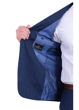 London Fog TWO PIECE SUITS Mens Extra Slim Fit Blue Windowpane Two Button Wool Blend Suit