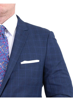 London Fog TWO PIECE SUITS Mens Extra Slim Fit Blue Windowpane Two Button Wool Blend Suit