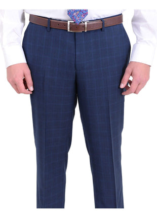 London Fog TWO PIECE SUITS Mens Extra Slim Fit Blue Windowpane Two Button Wool Blend Suit