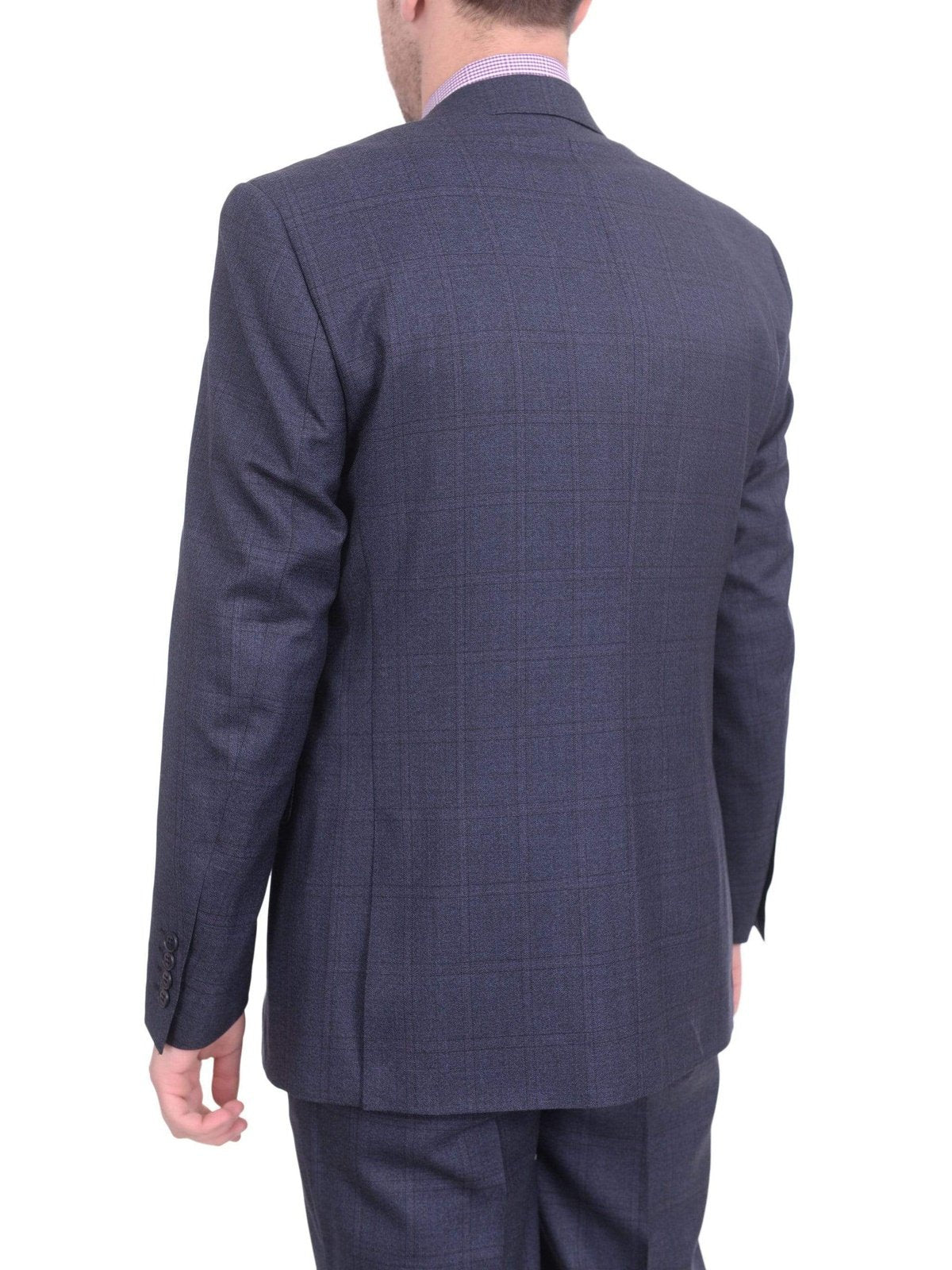 London Fog TWO PIECE SUITS Mens Slim Fit Blue With Purple Windowpane Two Button Wool Suit