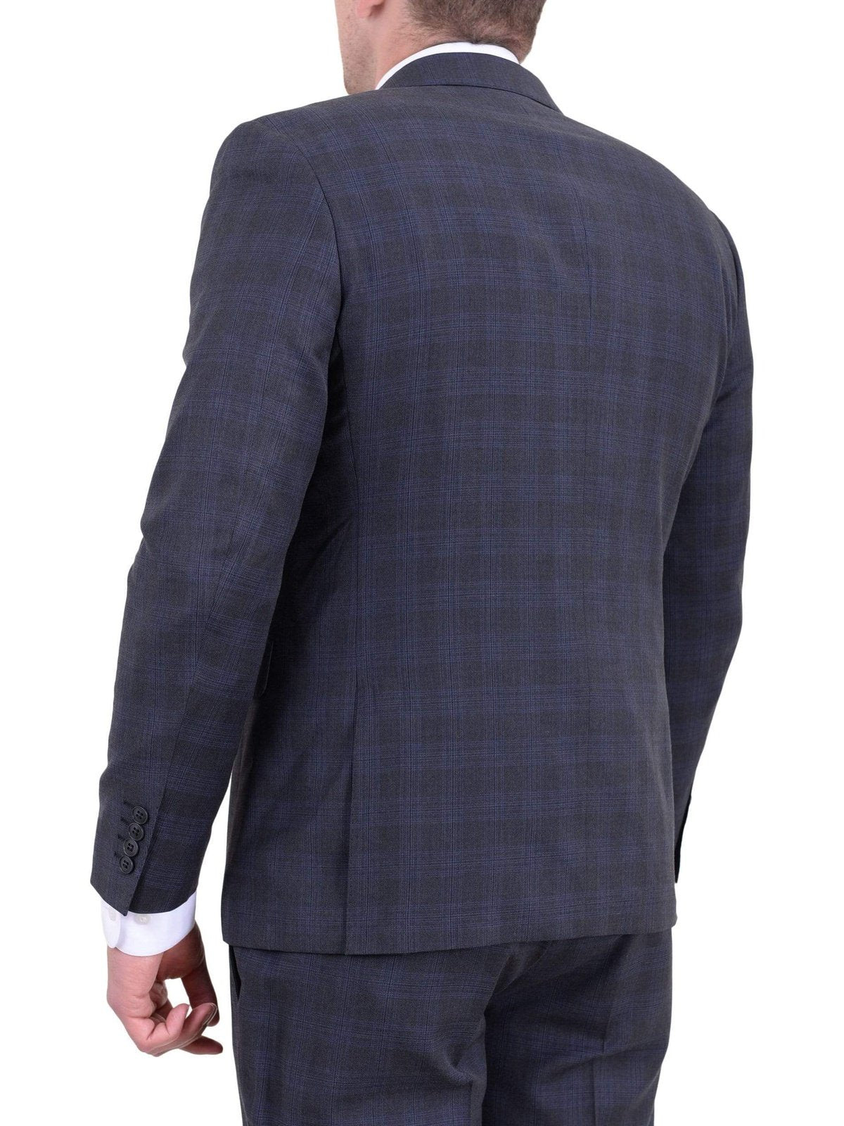 London Fog TWO PIECE SUITS Mens Slim Fit Charcoal Gray Plaid Two Button Wool Blend Suit