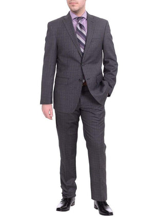 London Fog TWO PIECE SUITS Mens Slim Fit Charcoal Gray Plaid Two Button Wool Suit