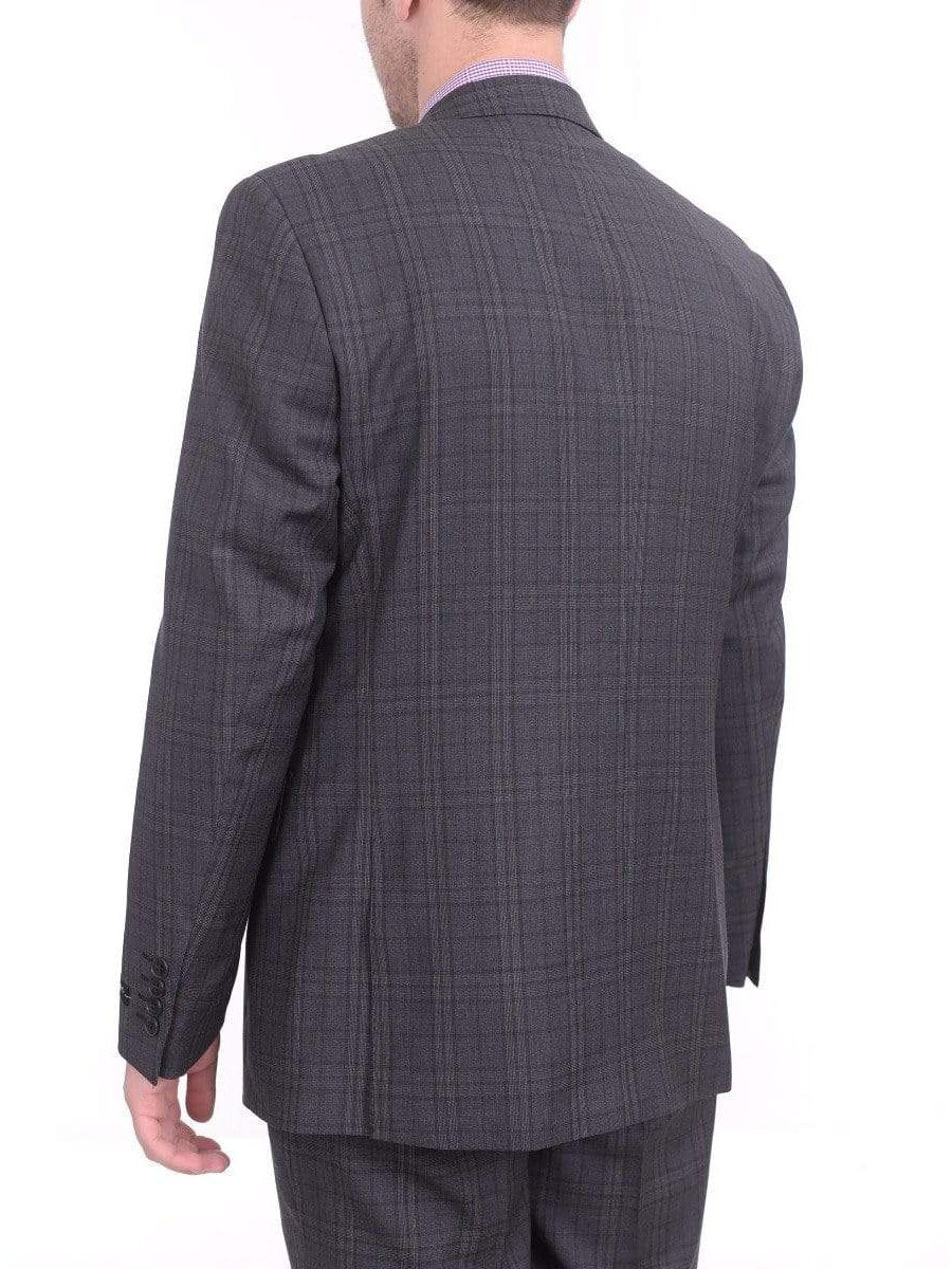 London Fog TWO PIECE SUITS Mens Slim Fit Charcoal Gray Plaid Two Button Wool Suit