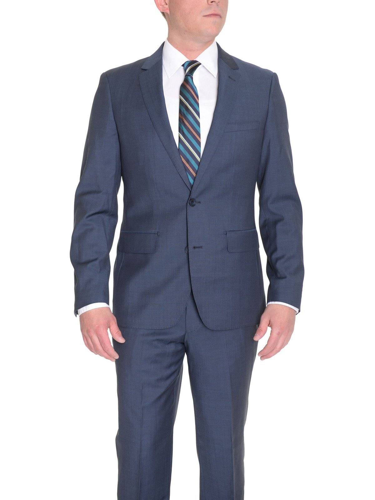 London Fog TWO PIECE SUITS Slim Fit Solid Heather Blue Two Button Wool Suit
