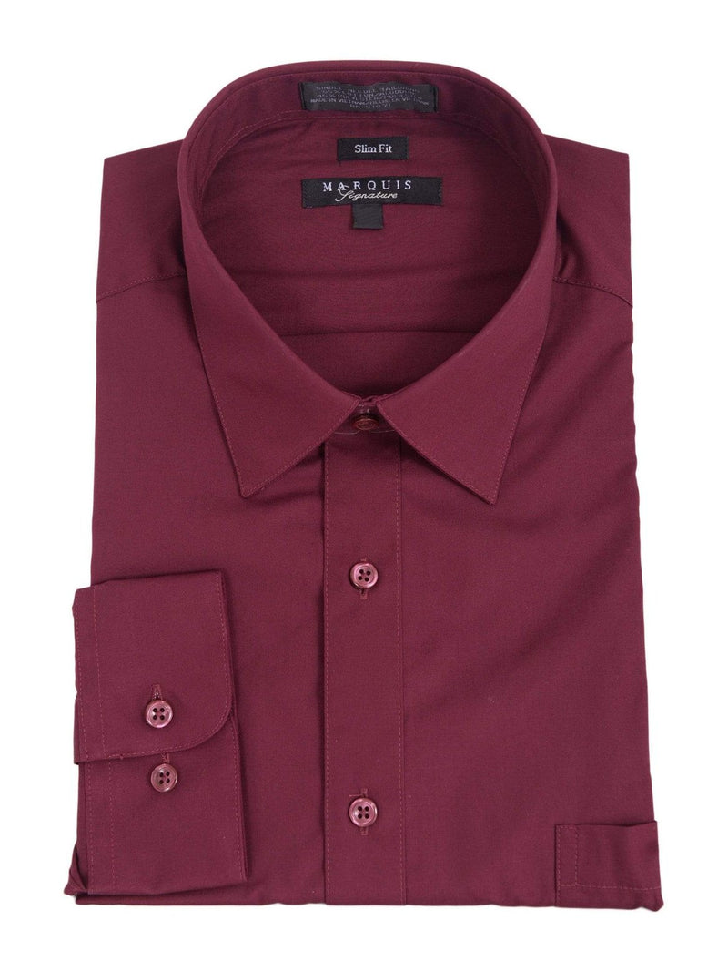 Marquis Mens Slim Fit Solid Burgundy Wrinkle Resistant Cotton Blend Dress Shirt, 16 1/2 / 34/35