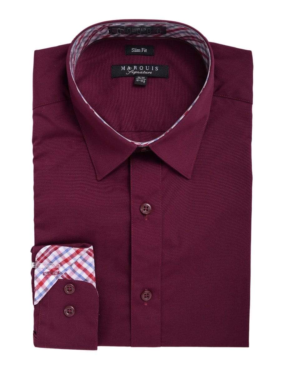 Marquis SHIRTS M Marquis Slim Fit Solid Burgundy Red Spread Collar Cotton Blend Dress Shirt