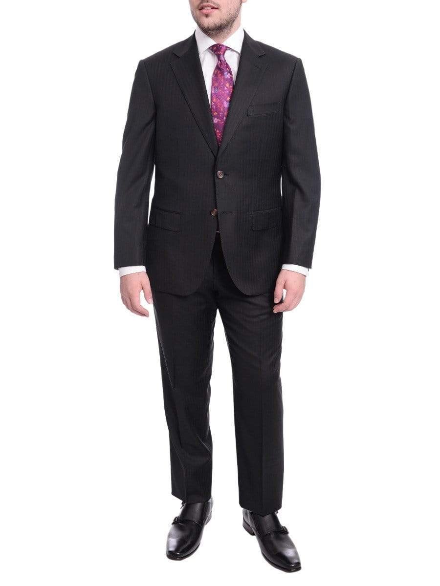 Max Davoli TWO PIECE SUITS 40S Mens Regular Fit Black Tonal Striped Two Button Half Canvassed Wool Suit