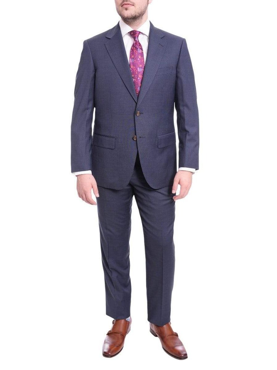 Max Davoli TWO PIECE SUITS 40S Mens Regular Fit Blue Textured Two Button Half Canvassed Super 150s Wool Suit