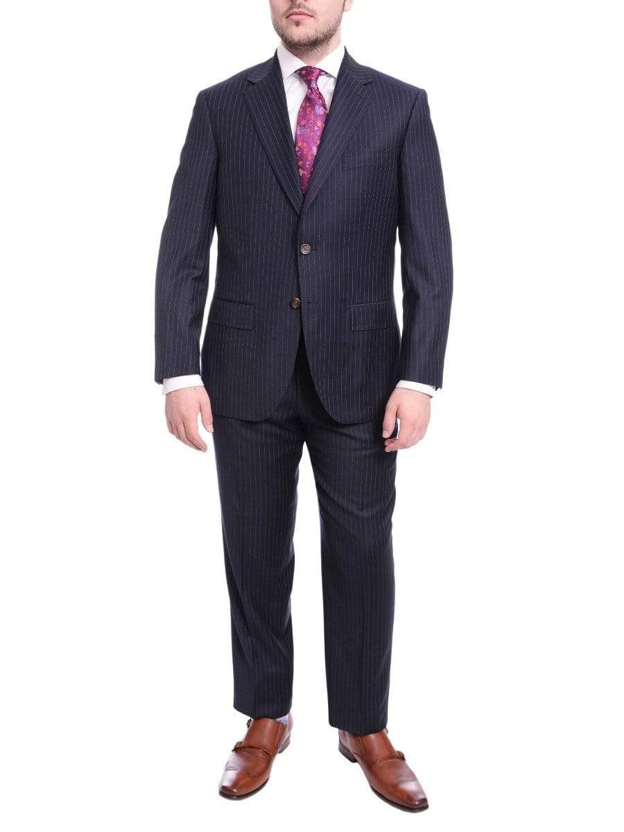 Max Davoli TWO PIECE SUITS 40S Mens Regular Fit Navy Blue Pinstripe Two Button Half Canvassed Wool Suit